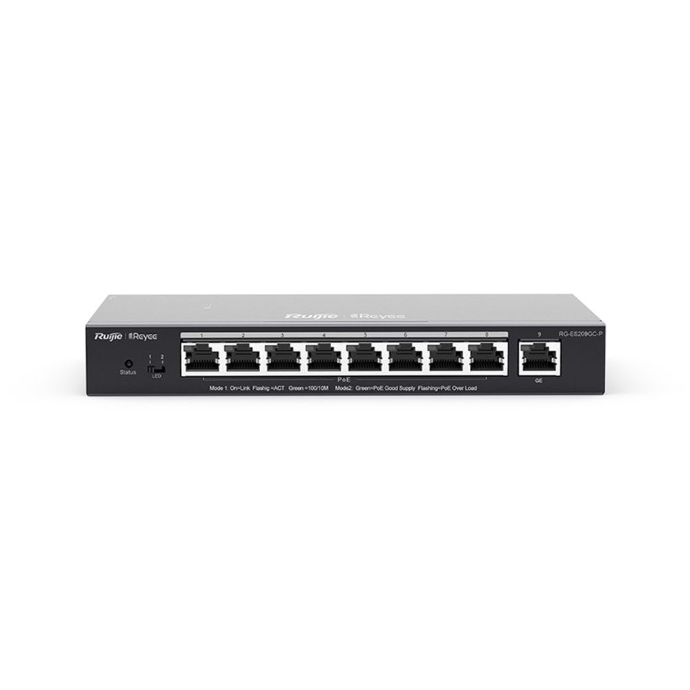 RG-ES209GC-P 8 x 10/100/1000 Base-T PoE/PoE+ Port1 x 10/100/1000 Base-T Uplink Switch