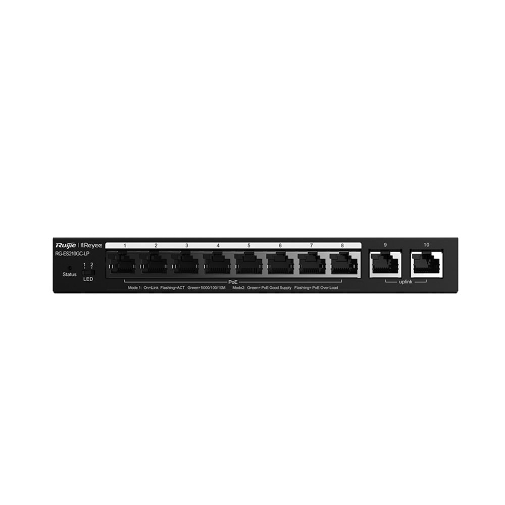 RG-ES210GC-LP 8 x 10/100/1000 Base-T PoE/PoE+ Port2 x 10/100/1000 Base-T Uplink Switch