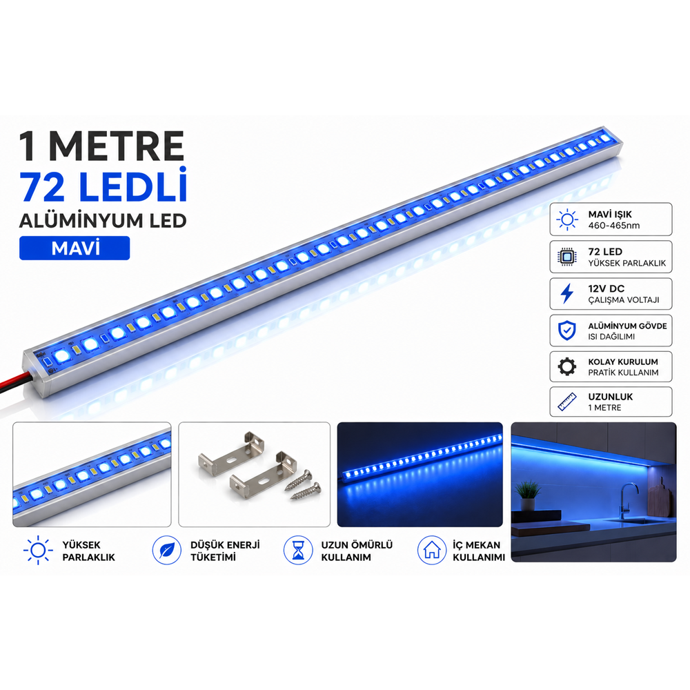 1mt 72 Ledli Alüminyum Led Mavi