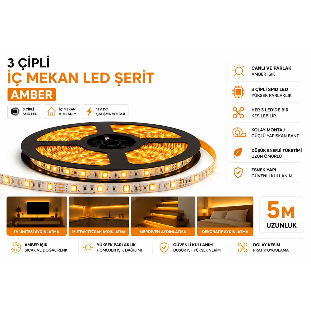 3 Çipli İç Mekan Led Şerit Amber