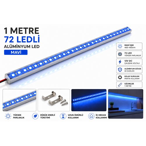 1mt 72 Ledli Alüminyum Led Mavi