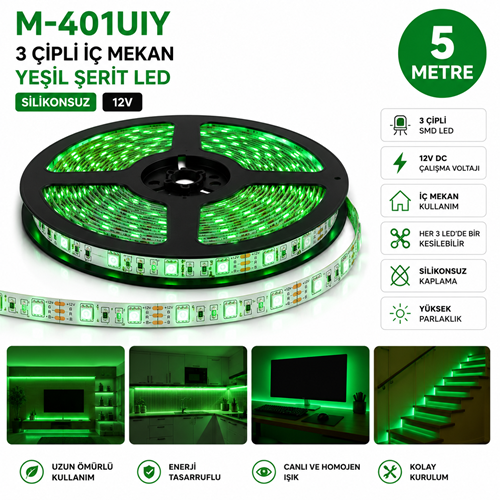 M-401UIY 3 Çipli İç Mekan Yeşil Silikonsuz 12V Şerit Led 5mt