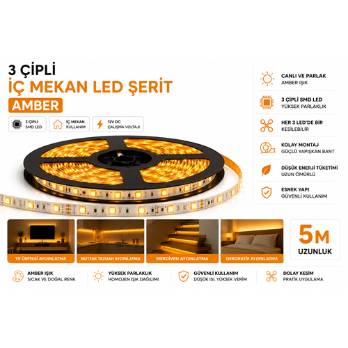 3 Çipli İç Mekan Led Şerit Amber