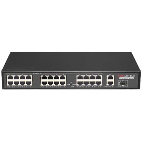 Promes PR-P24MX 24 PORT X 10/100M Poe Switch 24 x 10/100M RJ45 PoE port +2 Uplink RJ45 Gigabit + 1 SFP Gigabit