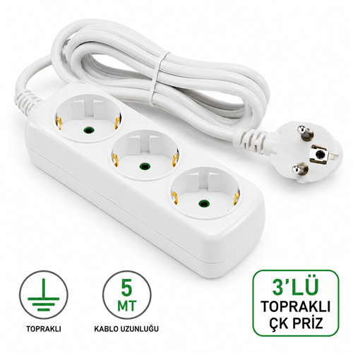 Üçlü 5mt Topraklı ÇK Priz